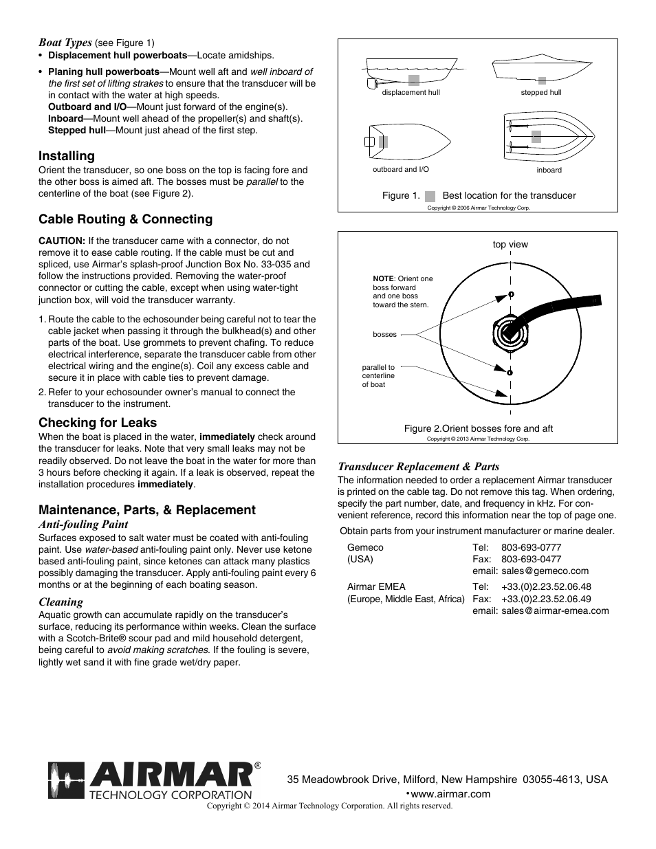 Installing, Cable routing & connecting, Checking for leaks | Maintenance, parts, & replacement, Boat types, Anti-fouling paint, Cleaning, Transducer replacement & parts | Airmar CM422—Welded-Tank Mount User Manual | Page 2 / 2