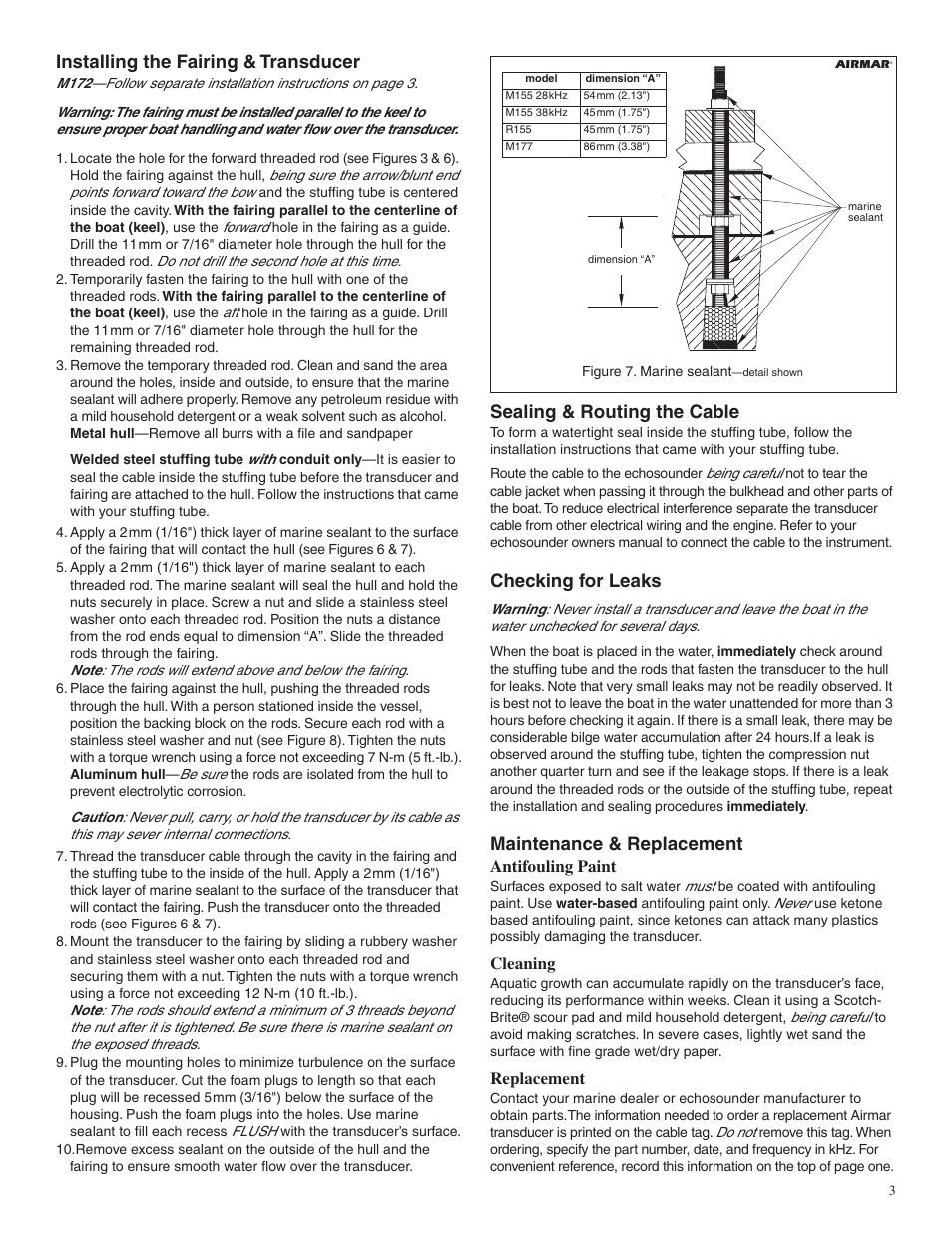Installing the fairing & transducer, Sealing & routing the cable, Checking for leaks | Maintenance & replacement | Airmar M42 User Manual | Page 3 / 4