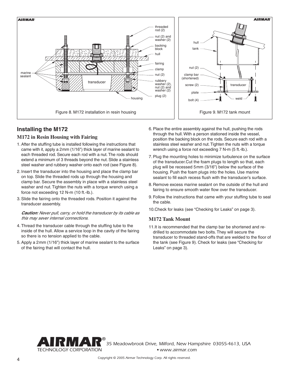 Airmar, Installing the m172, M172 in resin housing with fairing | M172 tank mount | Airmar M42 User Manual | Page 4 / 4