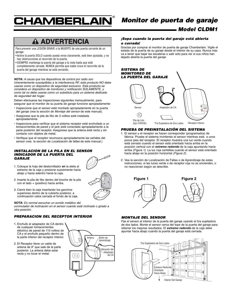 Spanish, Monitor de puerta de garaje, Model cldm1 | Chamberlain CLDM1 User Manual | Page 3 / 4