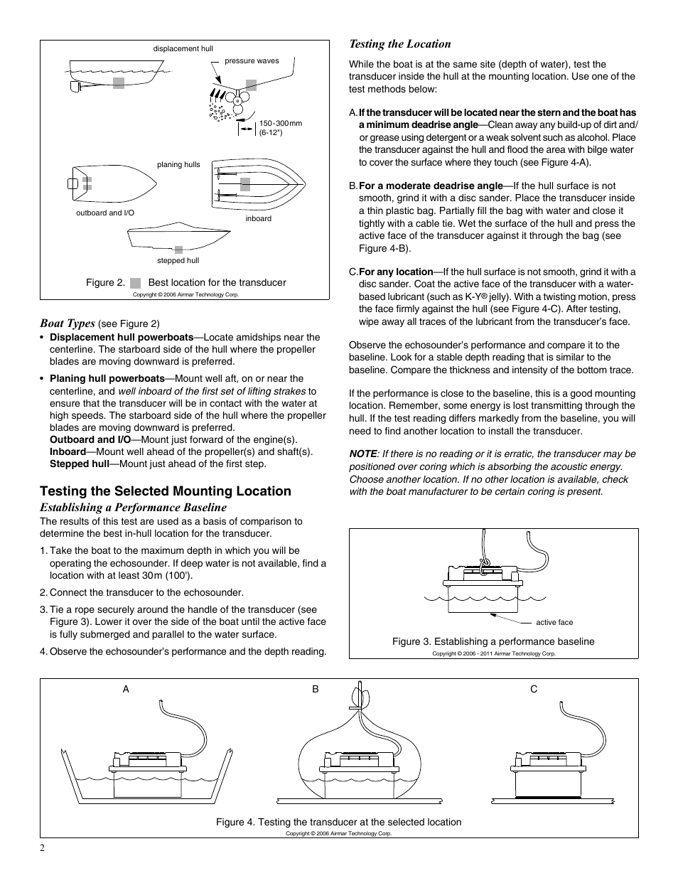 Testing the selected mounting location, Boat types, Establishing a performance baseline | Testing the location | Airmar 1 kW—M260 User Manual | Page 2 / 4