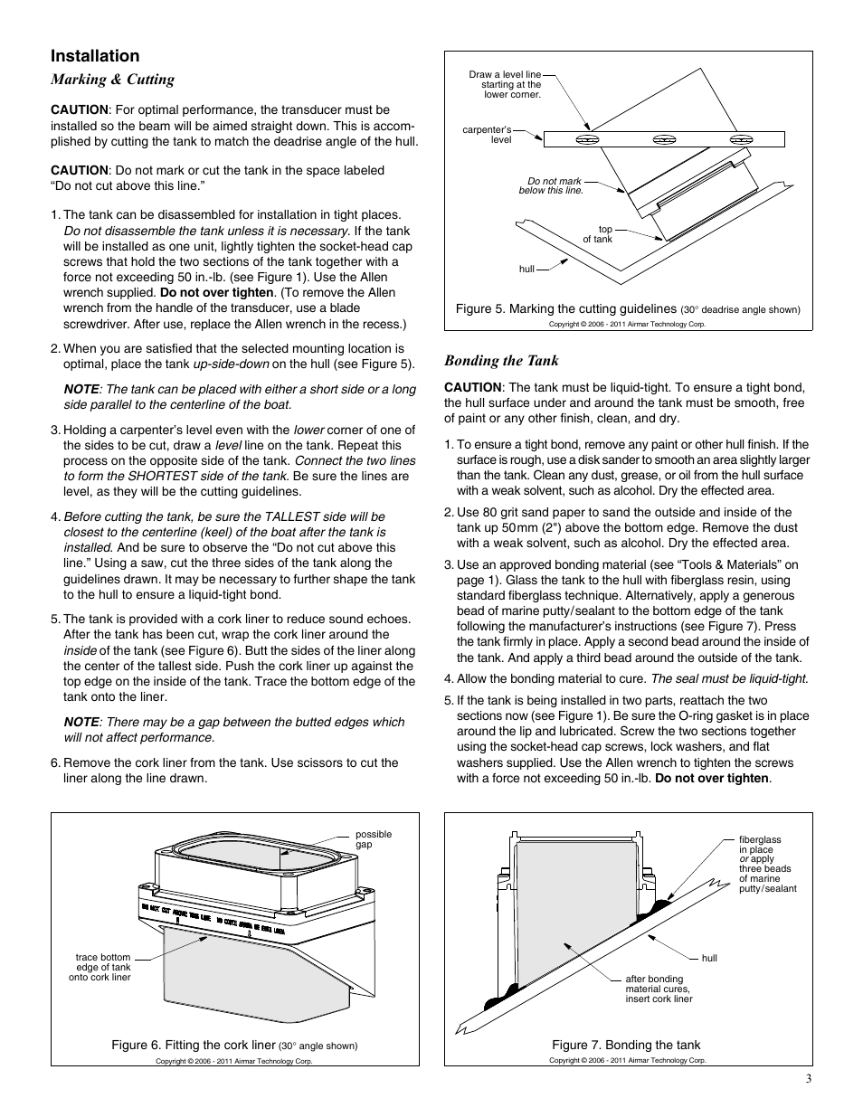 Installation, Marking & cutting, Bonding the tank | Airmar 1 kW—M260 User Manual | Page 3 / 4