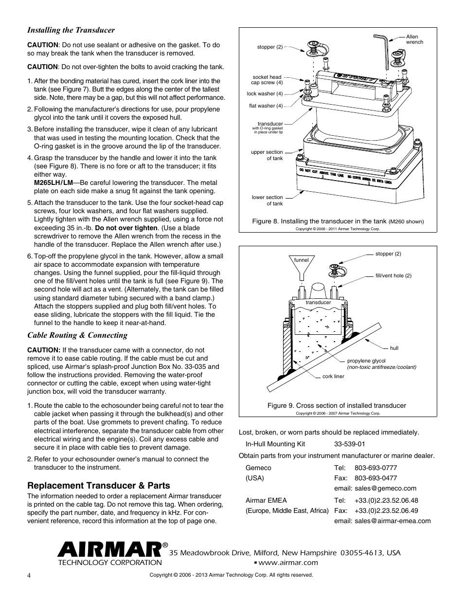 Airmar, Replacement transducer & parts, Installing the transducer | Cable routing & connecting | Airmar 1 kW—M260 User Manual | Page 4 / 4