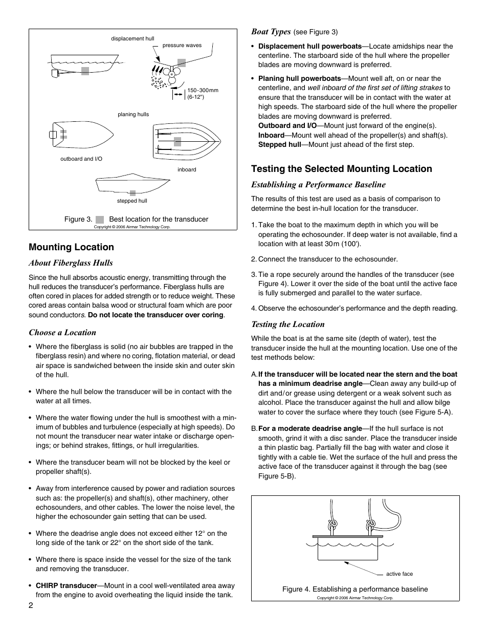 Mounting location, Testing the selected mounting location | Airmar 2-3 kW—R199 User Manual | Page 2 / 4