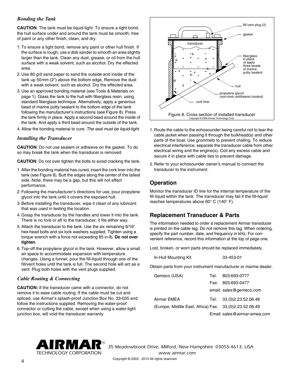 Airmar, Operation, Replacement transducer & parts | Airmar 2-3 kW—R199 User Manual | Page 4 / 4