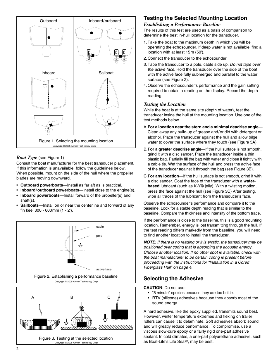 Testing the selected mounting location, Selecting the adhesive | Airmar P72 User Manual | Page 2 / 4