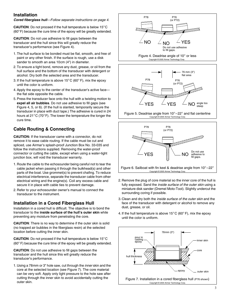Installation, Cable routing & connecting, Installation in a cored fiberglass hull | No yes, Yes no yes | Airmar P72 User Manual | Page 3 / 4