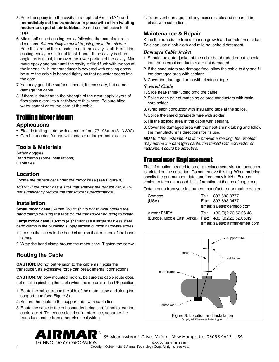 Airmar, Trolling motor mount, Transducer replacement | Airmar P72 User Manual | Page 4 / 4