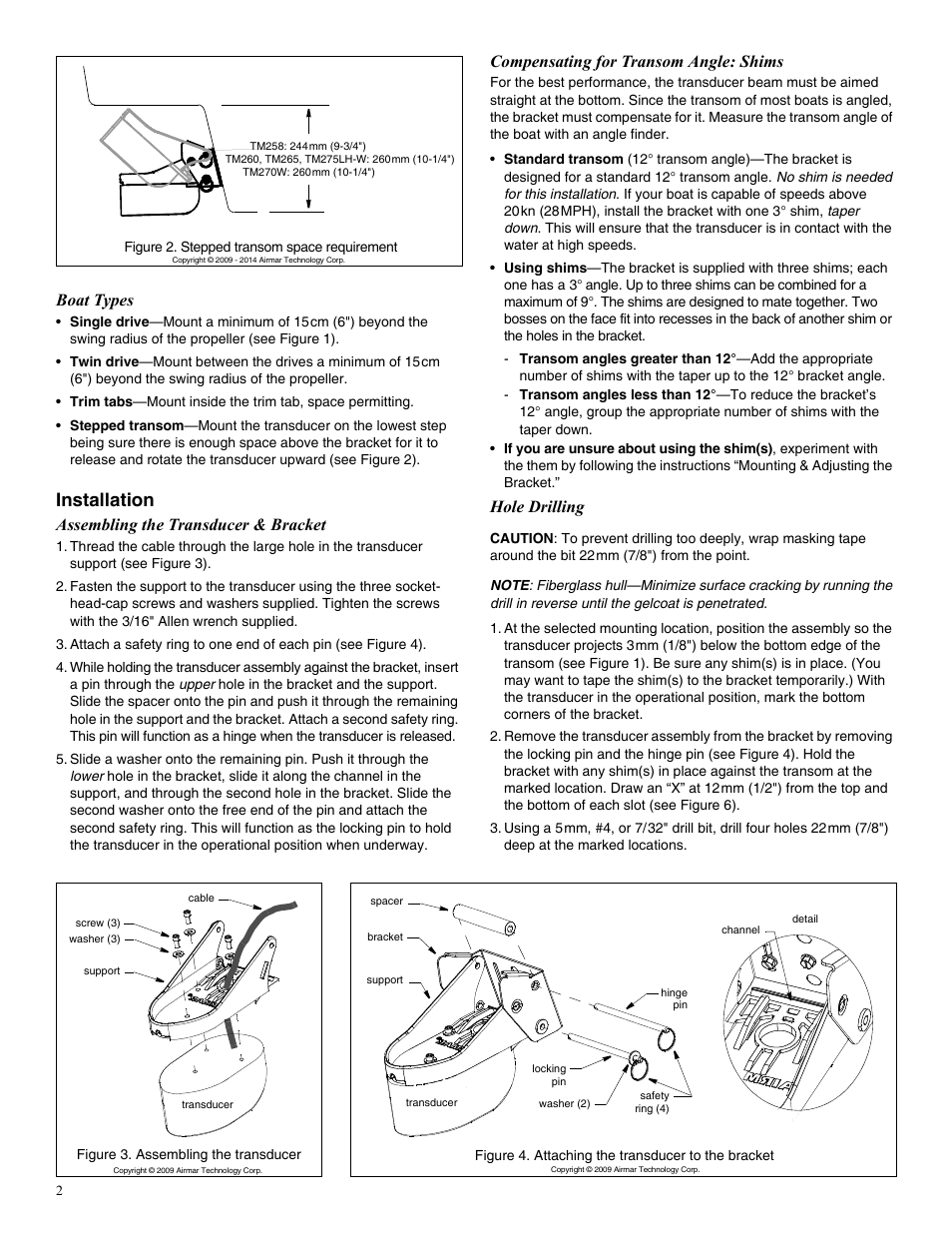 Installation, Boat types, Assembling the transducer & bracket | Compensating for transom angle: shims, Hole drilling | Airmar 1 kW—TM258 User Manual | Page 2 / 4