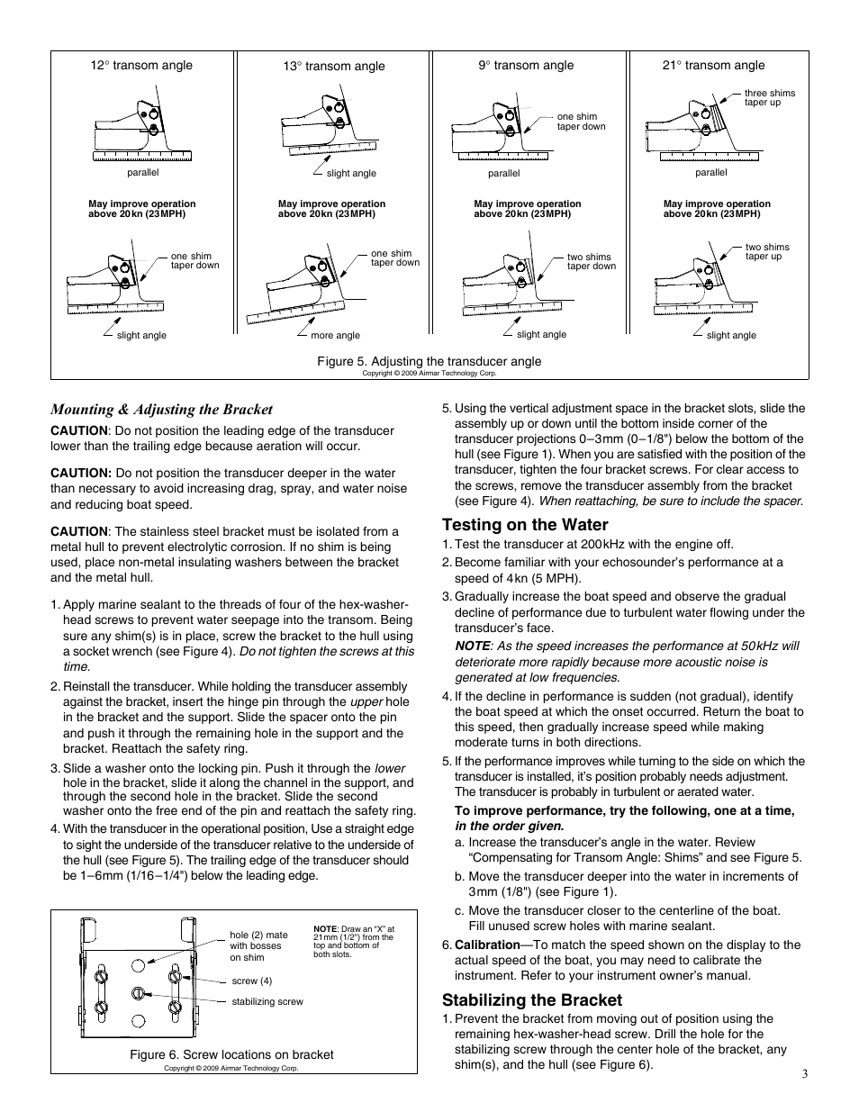 Testing on the water, Stabilizing the bracket, Mounting & adjusting the bracket | Airmar 1 kW—TM258 User Manual | Page 3 / 4