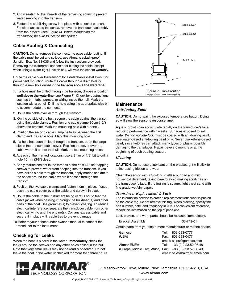 Cable routing & connecting, Checking for leaks, Maintenance | Airmar 1 kW—TM258 User Manual | Page 4 / 4