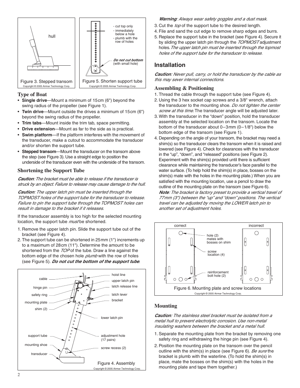 Installation, Type of boat, Shortening the support tube | Assembling & positioning, Mounting | Airmar 1 kW—TM258 Long Bracket User Manual | Page 2 / 4