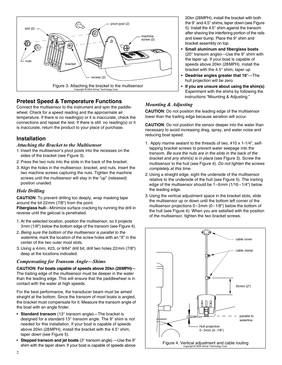 Pretest speed & temperature functions, Installation, Attaching the bracket to the multisensor | Hole drilling, Compensating for transom angle—shims, Mounting & adjusting | Airmar P58 TRIDUCER® Multisensor User Manual | Page 2 / 4