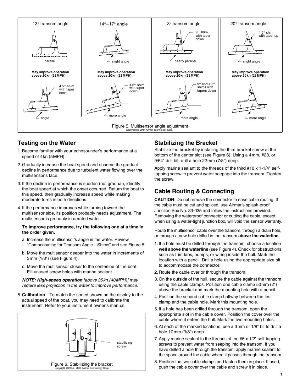 Testing on the water, Stabilizing the bracket, Cable routing & connecting | Airmar P58 TRIDUCER® Multisensor User Manual | Page 3 / 4