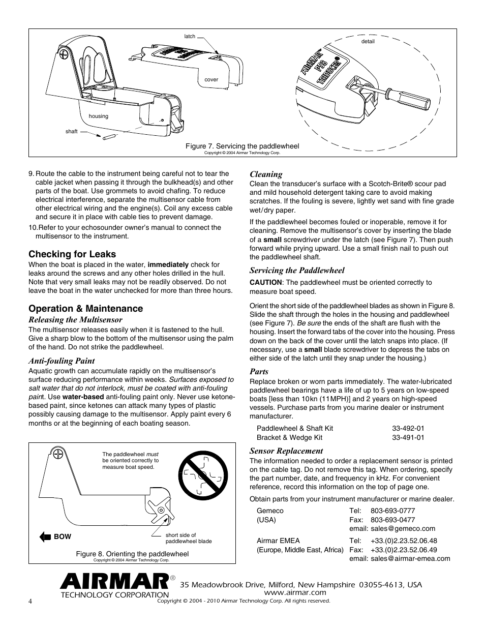 Airmar, Checking for leaks, Operation & maintenance | Airmar P58 TRIDUCER® Multisensor User Manual | Page 4 / 4