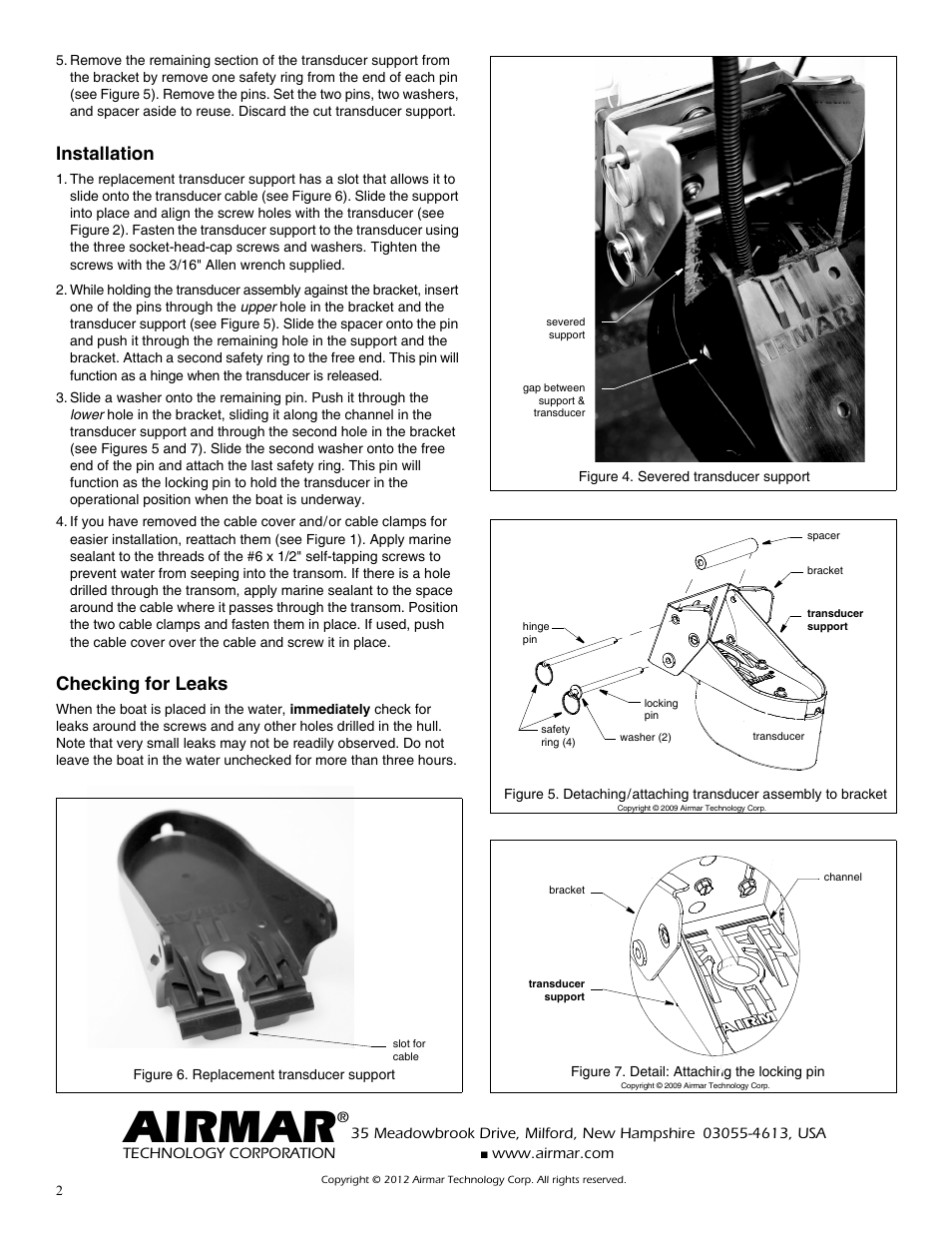 Airmar, Installation, Checking for leaks | Airmar Recall: Replacement Bracket Support—TM258 User Manual | Page 2 / 2