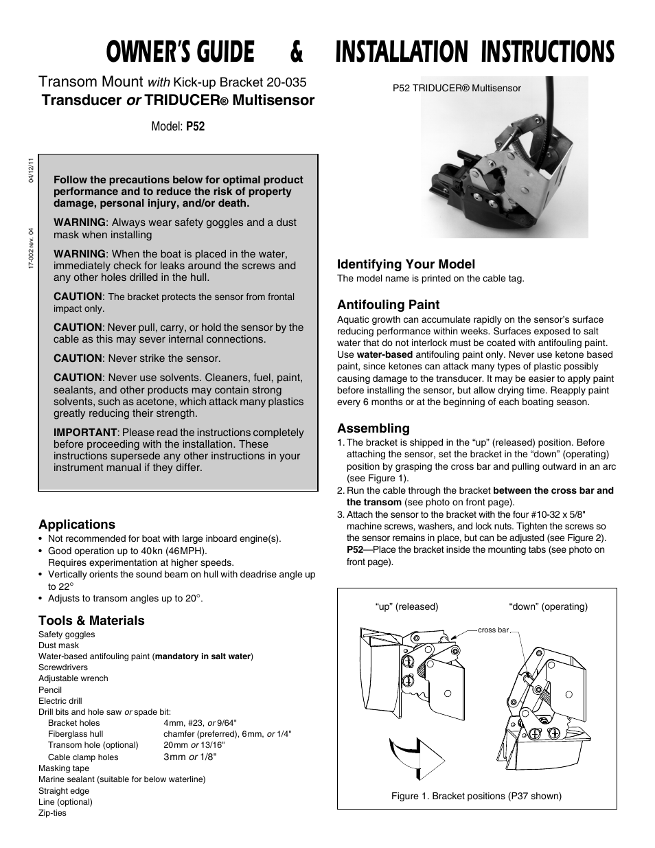 Airmar P52 with Kick-up Bracket 20-035 User Manual | 4 pages