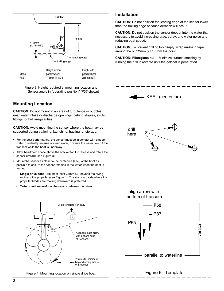 Mounting location, Installation | Airmar P52 with Plastic Release Bracket 20-039 User Manual | Page 2 / 4