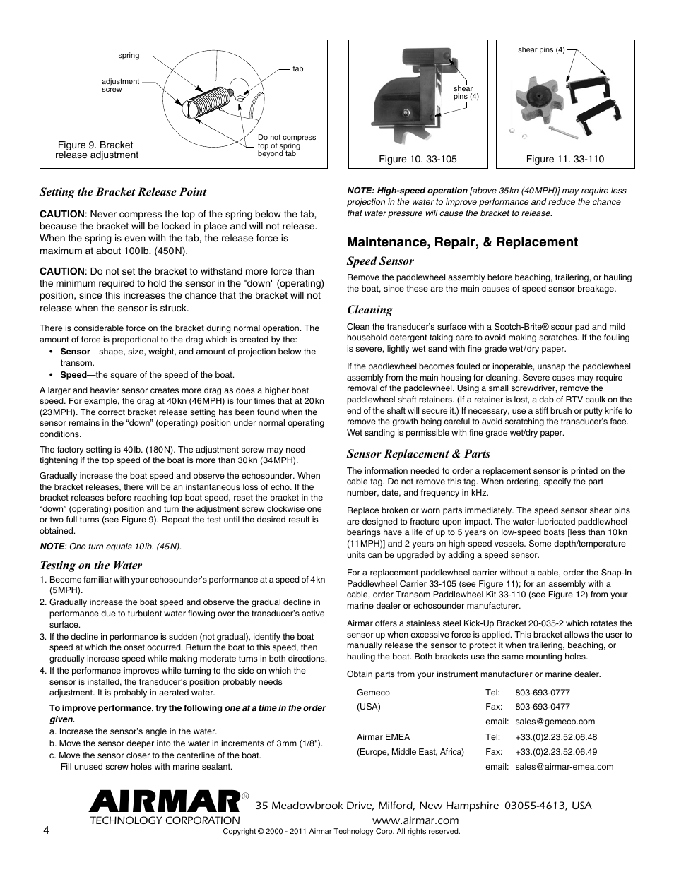 Airmar, Maintenance, repair, & replacement, Setting the bracket release point | Testing on the water, Speed sensor, Cleaning, Sensor replacement & parts | Airmar P52 with Plastic Release Bracket 20-039 User Manual | Page 4 / 4
