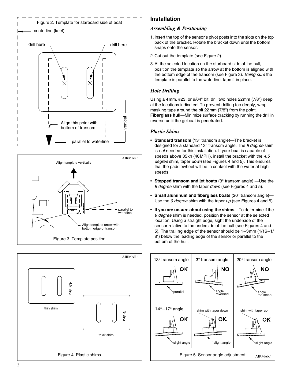 Installation, Assembling & positioning, Hole drilling | Plastic shims | Airmar P23 User Manual | Page 2 / 4