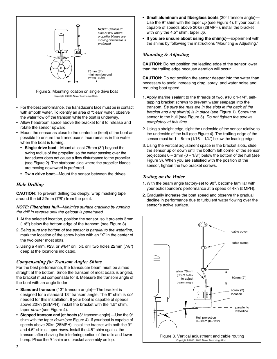 Mounting & adjusting, Testing on the water, Hole drilling | Compensating for transom angle: shims | Airmar P48W User Manual | Page 2 / 6