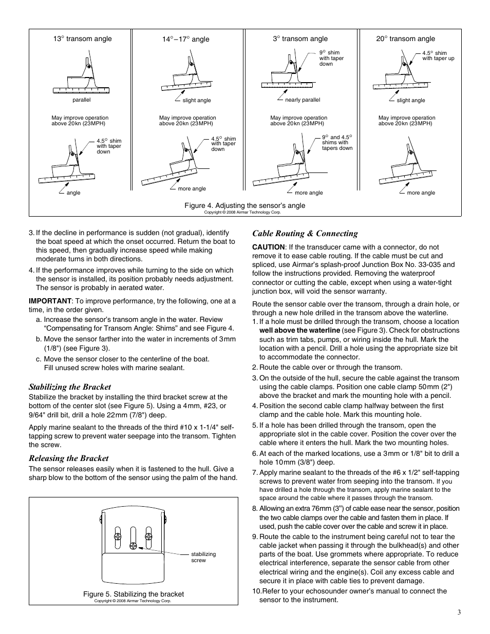 Stabilizing the bracket, Releasing the bracket, Cable routing & connecting | Airmar P48W User Manual | Page 3 / 6
