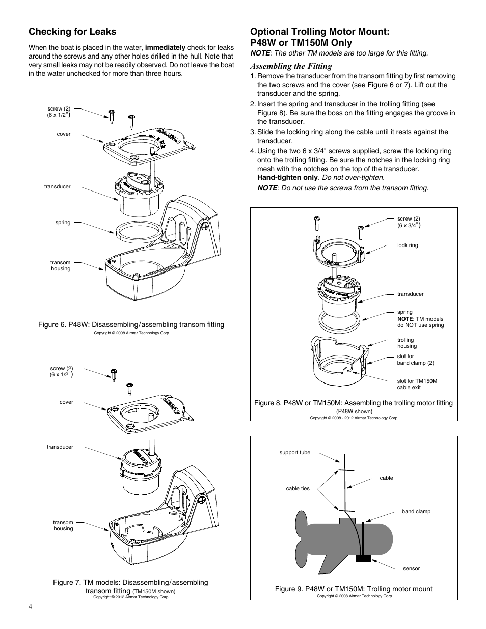 Checking for leaks, Assembling the fitting | Airmar P48W User Manual | Page 4 / 6