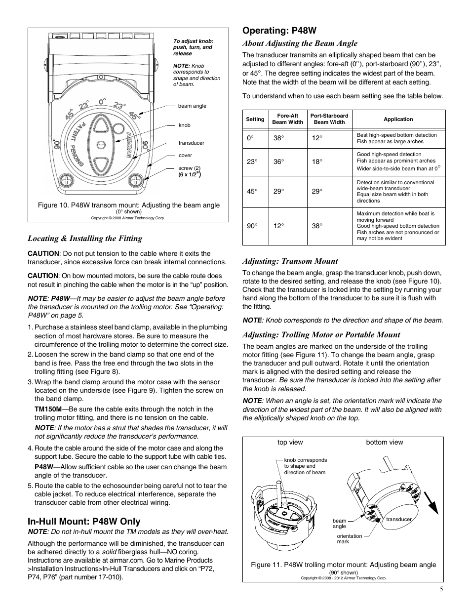 In-hull mount: p48w only, Operating: p48w, Locating & installing the fitting | About adjusting the beam angle, Adjusting: transom mount, Adjusting: trolling motor or portable mount | Airmar P48W User Manual | Page 5 / 6