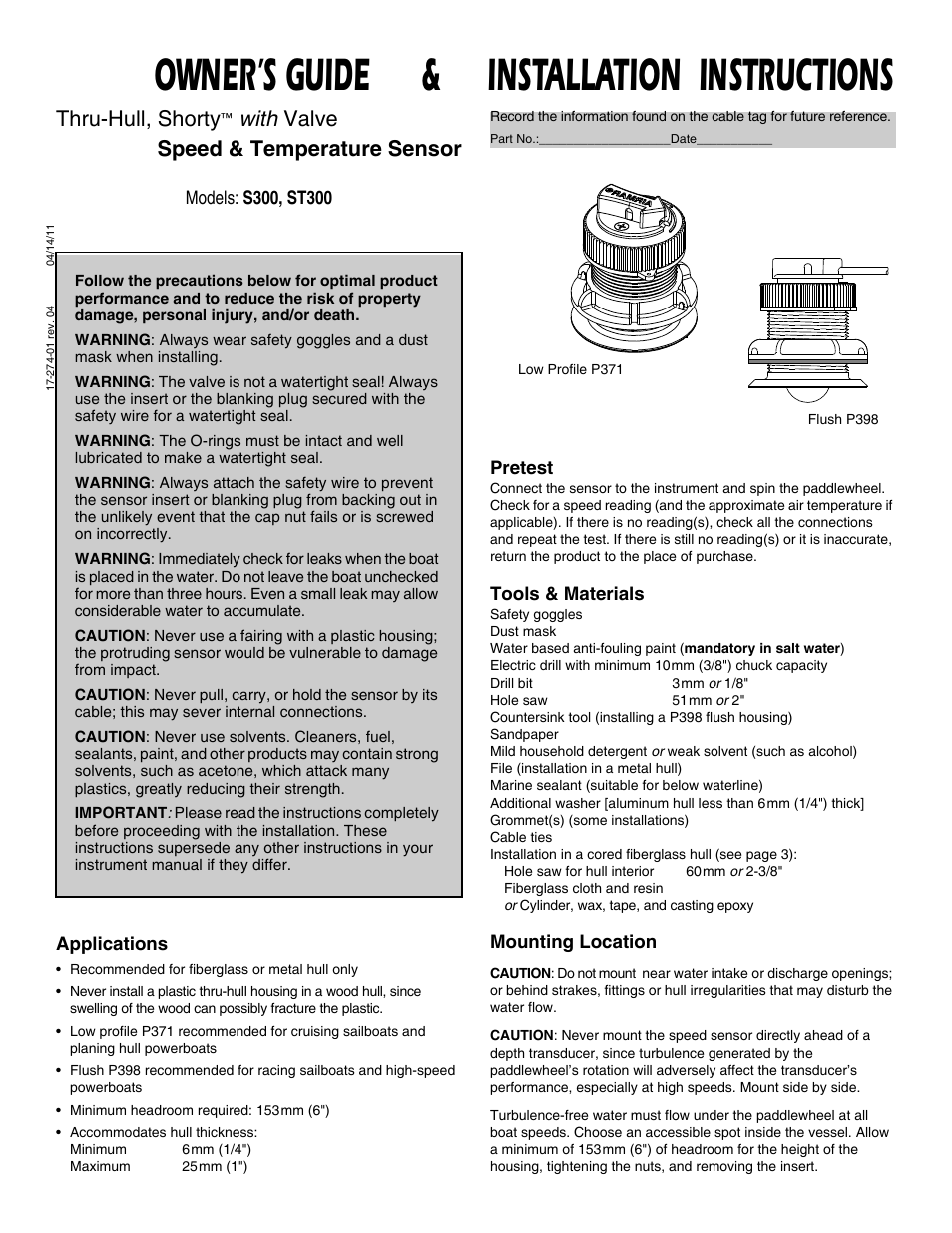 Airmar Shorty™ with Valve—S300 User Manual | 4 pages