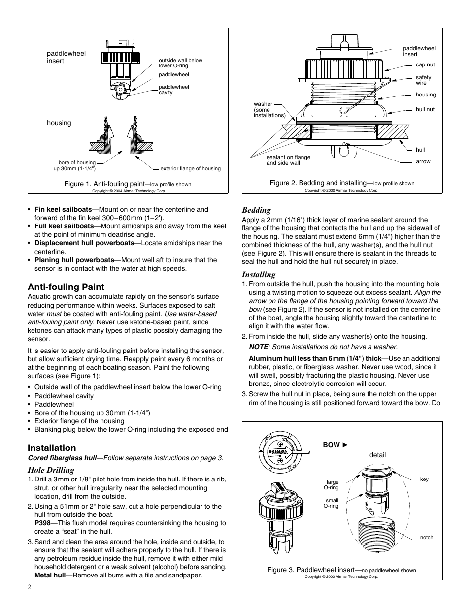 Anti-fouling paint, Installation, Hole drilling | Bedding, Installing | Airmar Shorty™ with Valve—S300 User Manual | Page 2 / 4