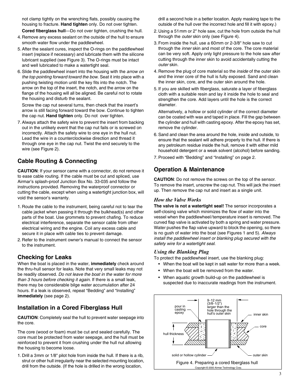 Cable routing & connecting, Checking for leaks, Installation in a cored fiberglass hull | Operation & maintenance, How the valve works, Using the blanking plug | Airmar Shorty™ with Valve—S300 User Manual | Page 3 / 4