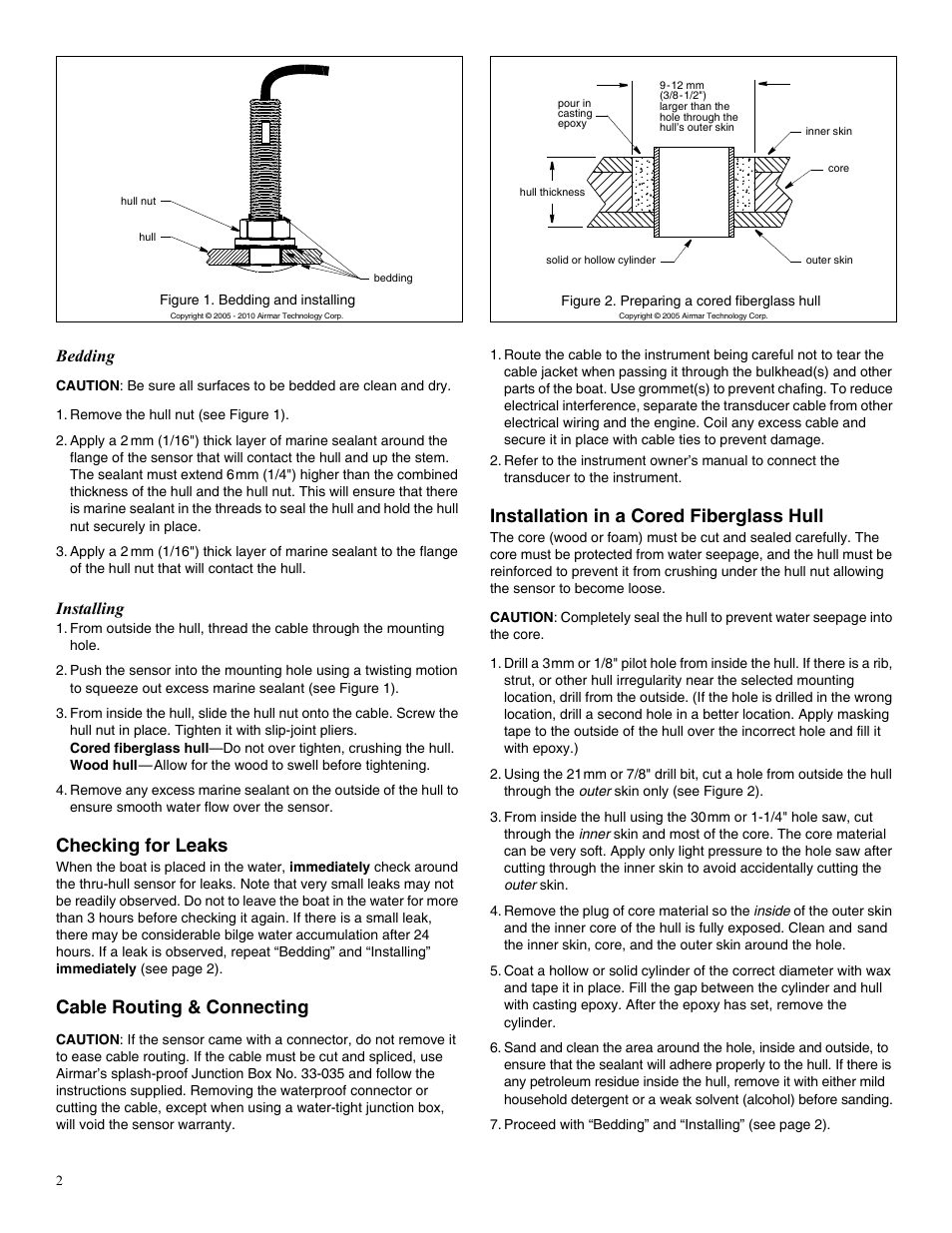 Checking for leaks, Cable routing & connecting, Installation in a cored fiberglass hull | Bedding, Installing | Airmar T42 Temperature Sensor—Analog User Manual | Page 2 / 4