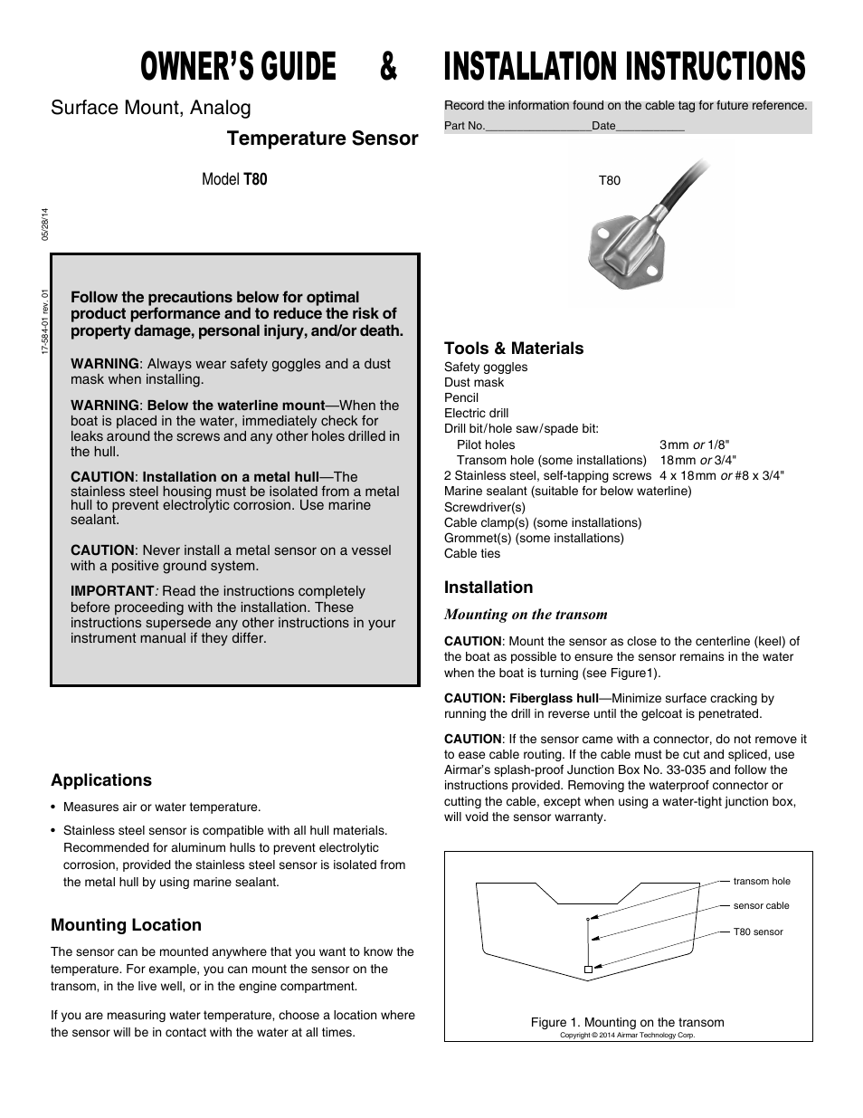 Airmar T80 Temperature Sensor—Surface Mount User Manual | 2 pages