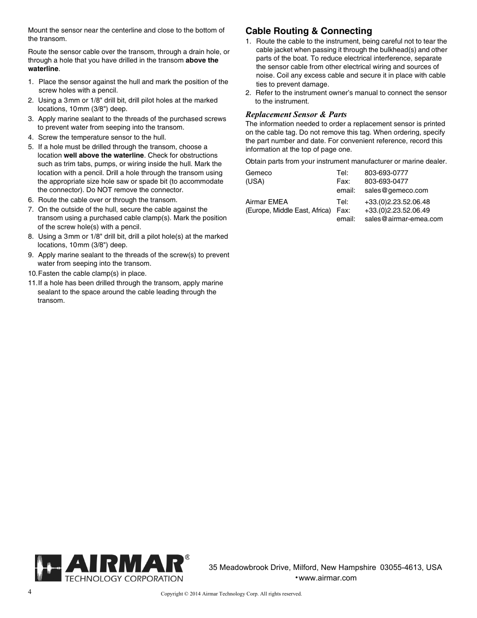 Cable routing & connecting | Airmar T80 Temperature Sensor—Surface Mount User Manual | Page 2 / 2