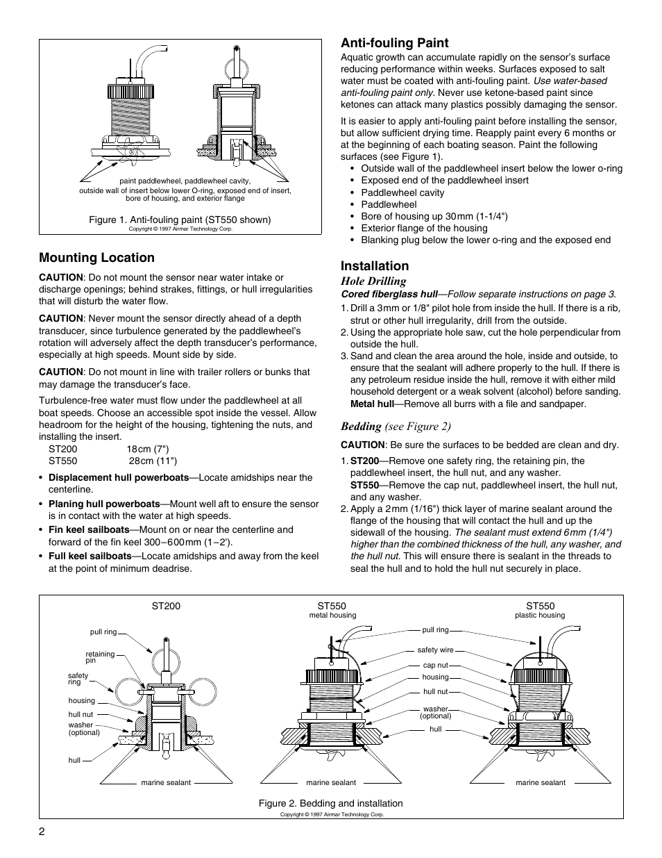 Anti-fouling paint, Installation, Mounting location | Hole drilling, Bedding (see figure 2) | Airmar ST200 User Manual | Page 2 / 4