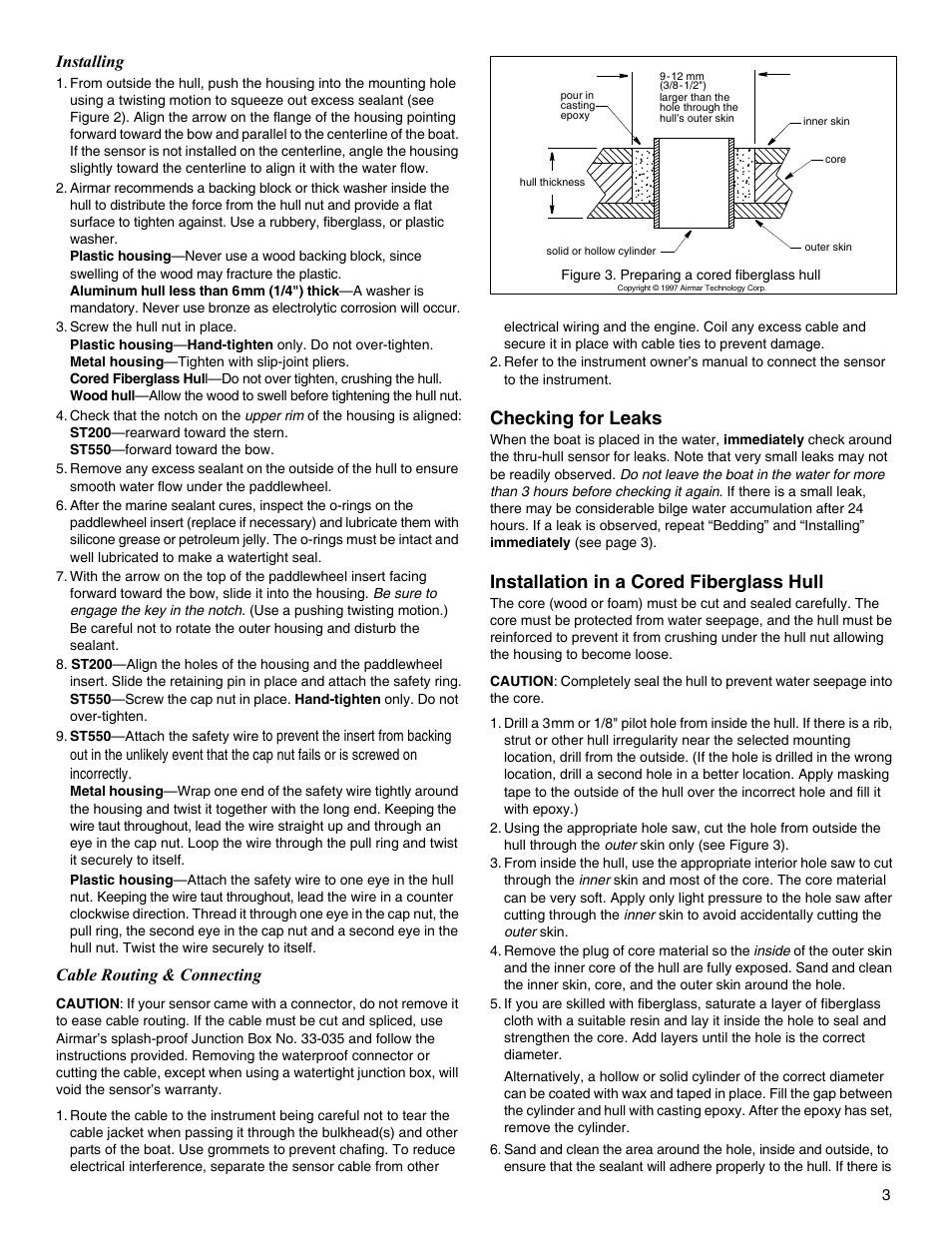 Checking for leaks, Installation in a cored fiberglass hull, Installing | Cable routing & connecting | Airmar ST200 User Manual | Page 3 / 4