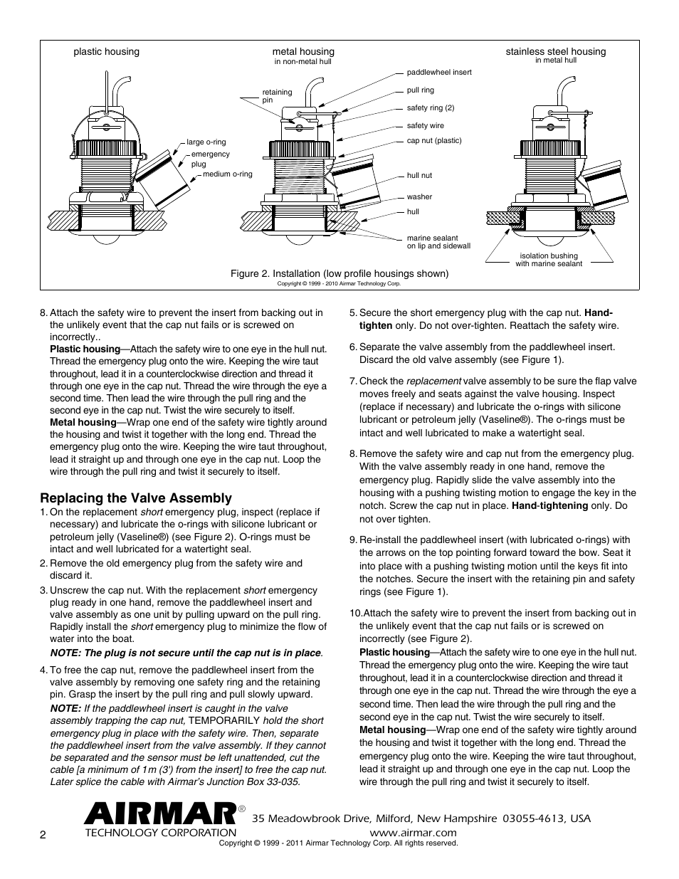 Airmar, Replacing the valve assembly | Airmar S650 & Valve Kit User Manual | Page 2 / 2