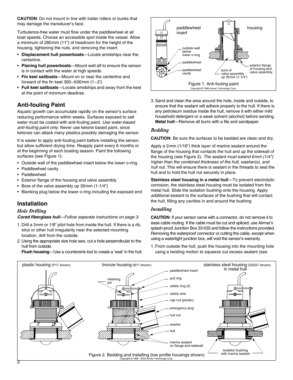 Anti-fouling paint, Installation, Bedding | Installing, Hole drilling | Airmar S650 User Manual | Page 2 / 4
