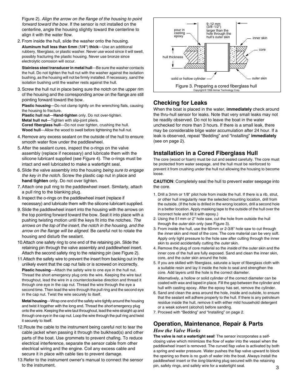 Checking for leaks, Installation in a cored fiberglass hull, Operation, maintenance , repair & parts | How the valve works | Airmar S650 User Manual | Page 3 / 4