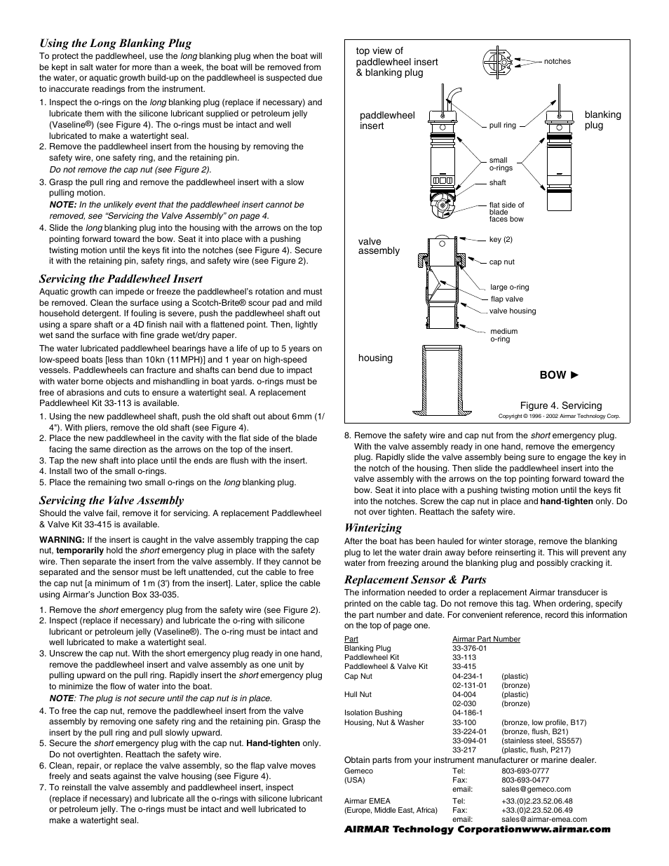 Using the long blanking plug, Servicing the paddlewheel insert, Servicing the valve assembly | Winterizing, Replacement sensor & parts | Airmar S650 User Manual | Page 4 / 4