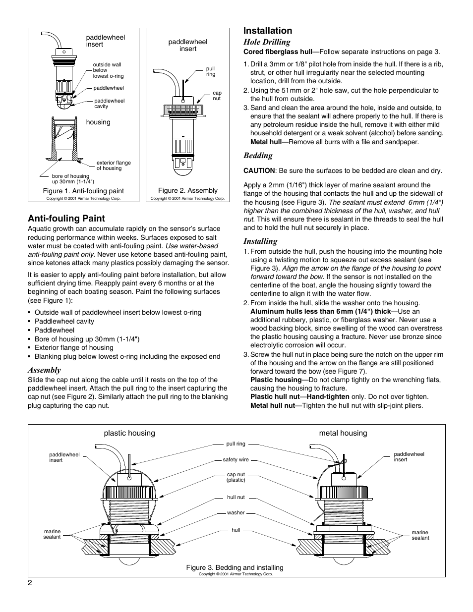 Anti-fouling paint, Installation, Assembly | Hole drilling, Bedding, Installing | Airmar ST600 User Manual | Page 2 / 4