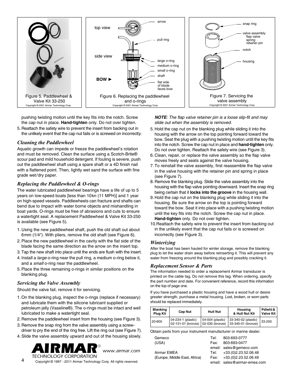 Airmar, Cleaning the paddlewheel, Replacing the paddlewheel & o-rings | Servicing the valve assembly, Winterizing, Replacement sensor & parts | Airmar ST600 User Manual | Page 4 / 4