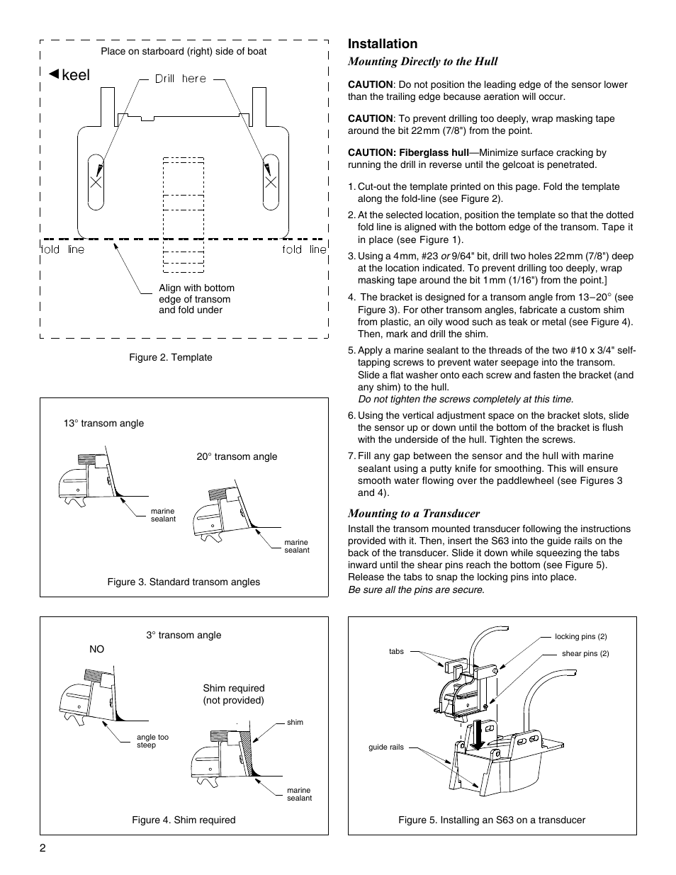 Keel, Installation, Mounting directly to the hull | Mounting to a transducer | Airmar S61—Transom Mount User Manual | Page 2 / 4