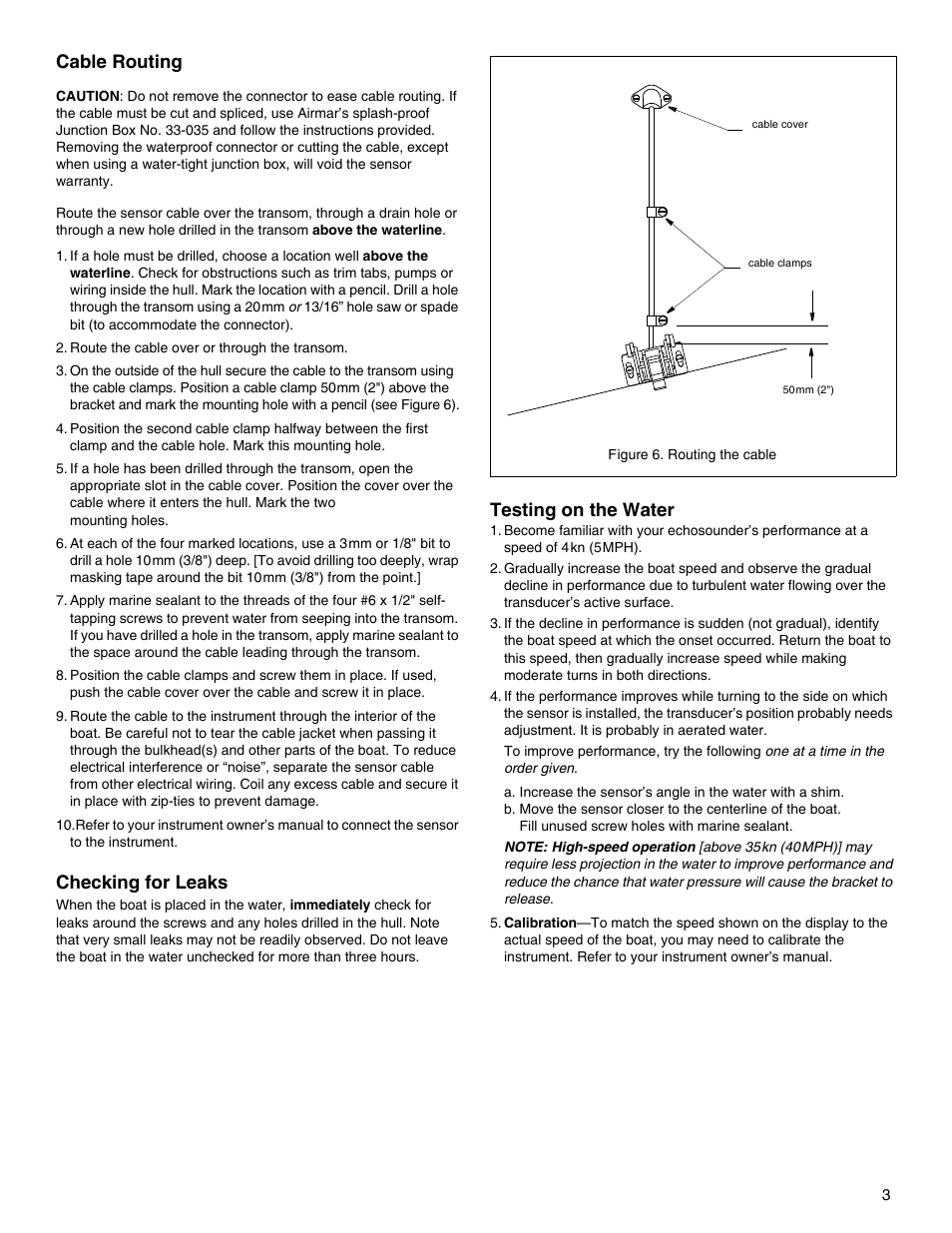 Cable routing, Checking for leaks, Testing on the water | Airmar S61—Transom Mount User Manual | Page 3 / 4