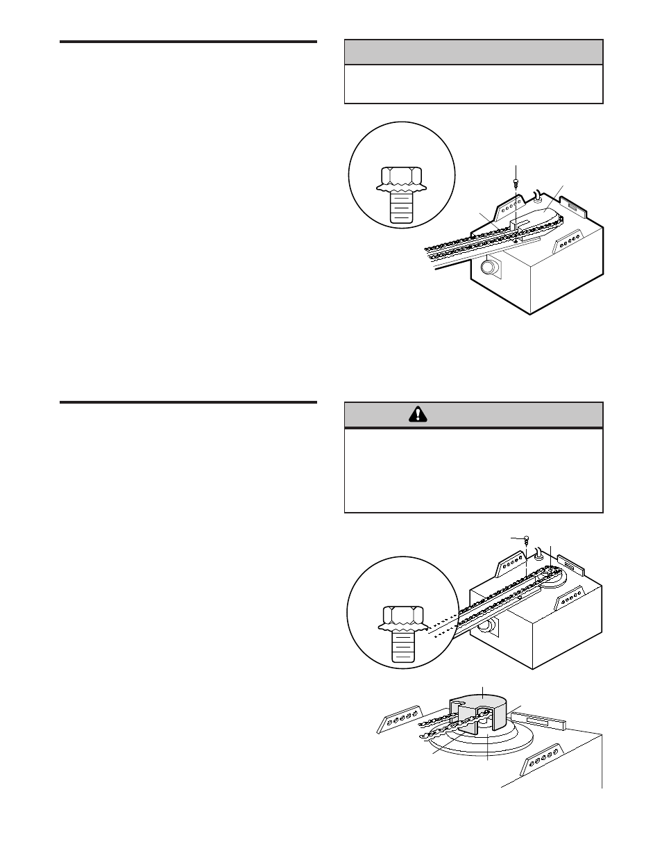 Assembly section, 1)attach the t-rail to the opener, Caution | Warning, Assembly step 1, Assembly step 2 | Chamberlain 1265-267 1/2 HP User Manual | Page 6 / 36