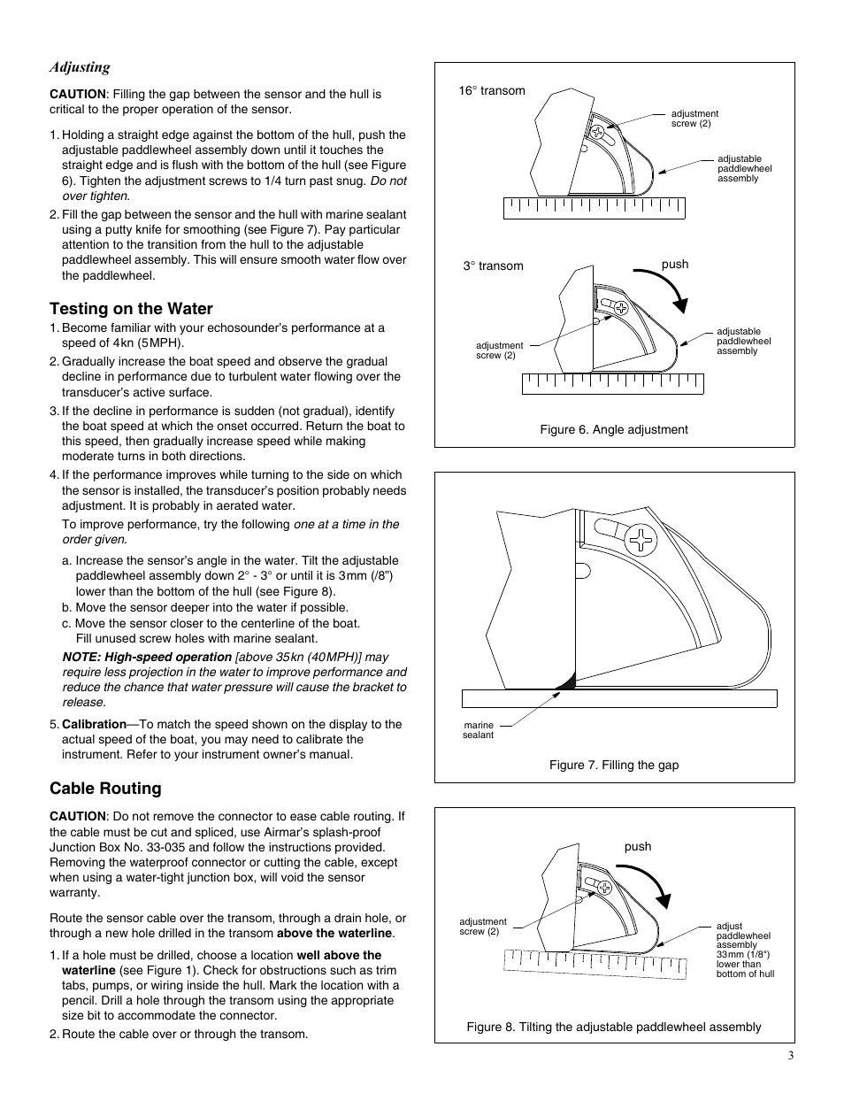 Testing on the water, Cable routing, Adjusting | Airmar S69—Transom Mount User Manual | Page 3 / 4