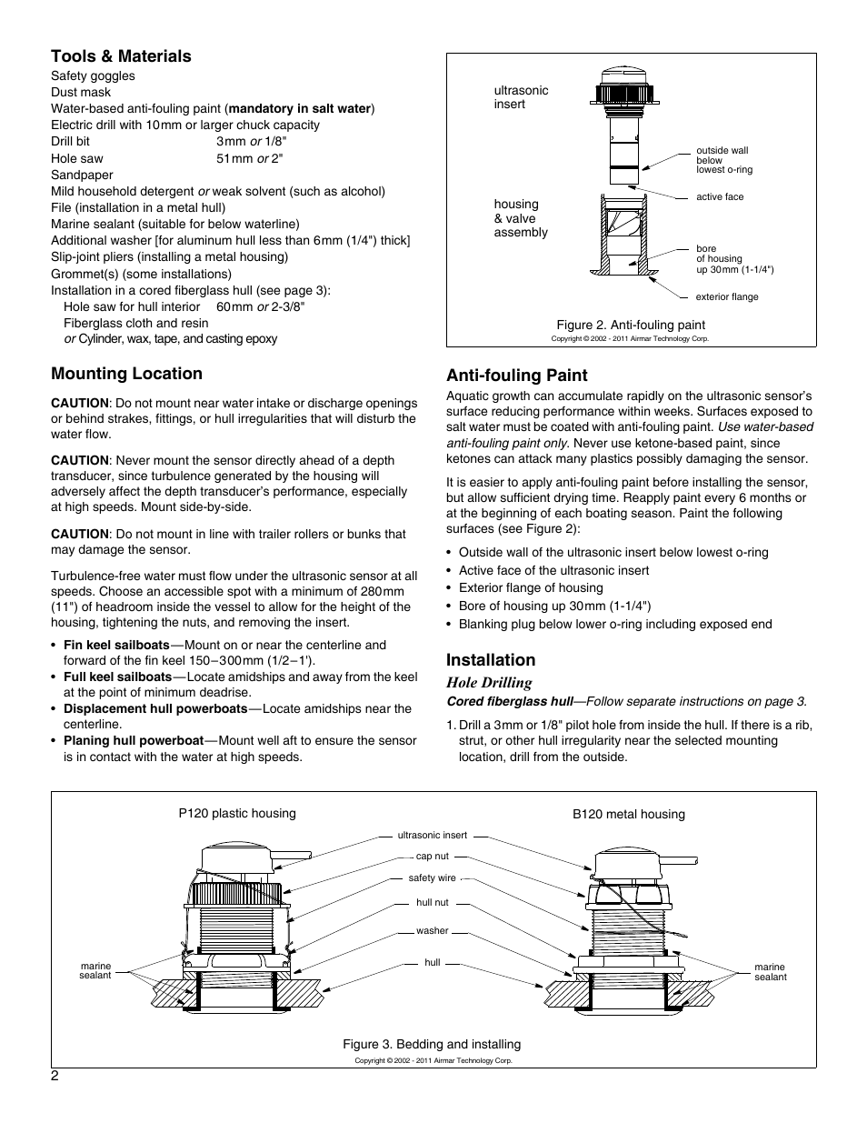 Tools & materials, Mounting location, Anti-fouling paint | Installation, Hole drilling | Airmar CS4500-610—Ultrasonic Speed User Manual | Page 2 / 6