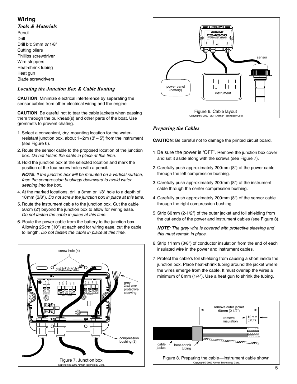 Wiring, Tools & materials, Locating the junction box & cable routing | Preparing the cables, Be sure the power is ‘off | Airmar CS4500-610—Ultrasonic Speed User Manual | Page 5 / 6