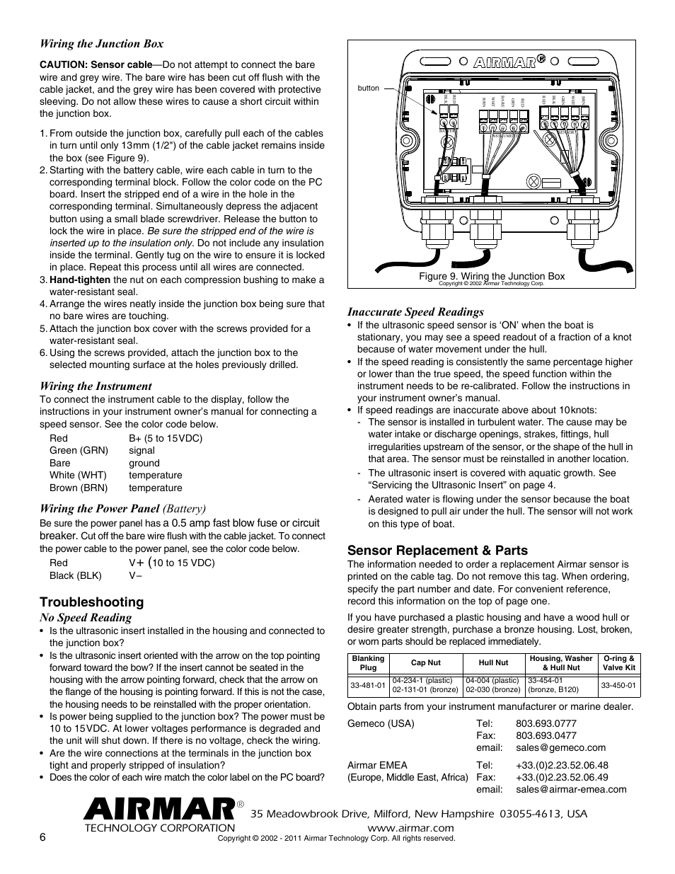 Airmar, Troubleshooting, Sensor replacement & parts | Wiring the junction box, Wiring the instrument, Wiring the power panel (battery), No speed reading, Inaccurate speed readings | Airmar CS4500-610—Ultrasonic Speed User Manual | Page 6 / 6