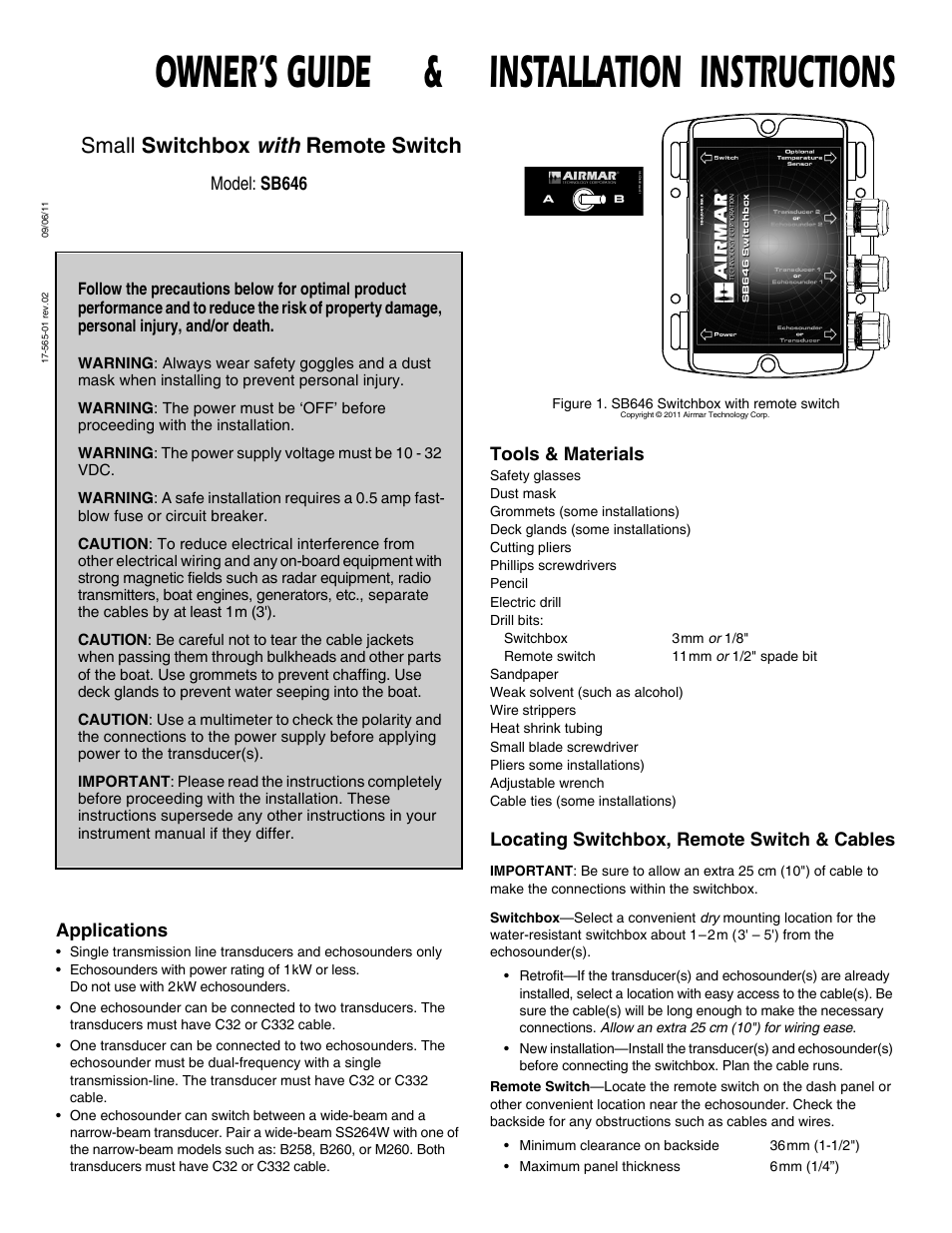 Airmar Small Switchbox with Remote Switch–SB646 User Manual | 4 pages
